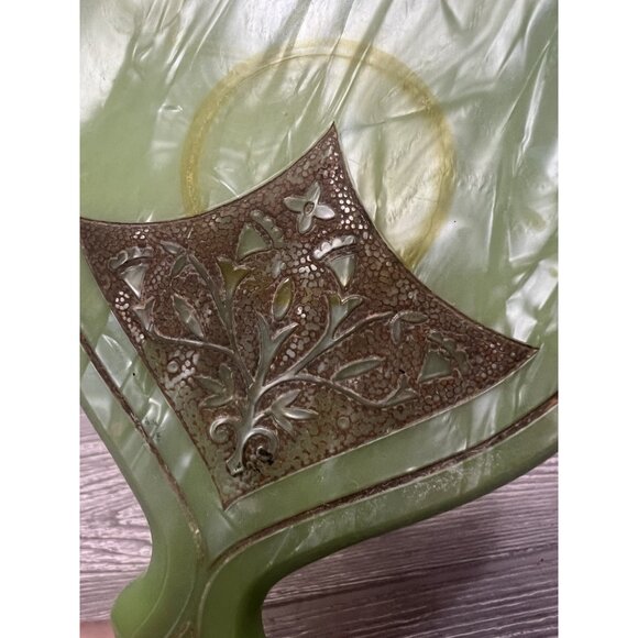 Celluloid Vanity Hand Mirror Green Art Deco Marble Look Embossed Vintage 12.5” - Picture 3 of 9